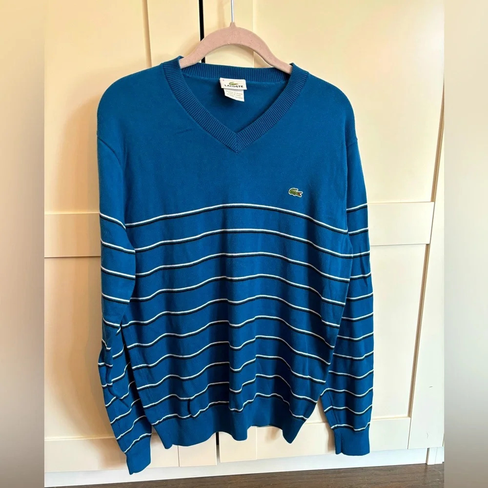 Lacoste V Neck Striped Pullover Men's Sweater Blue Size 4 or Medium